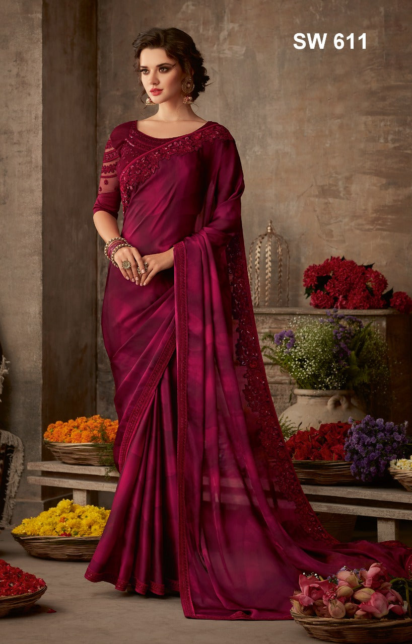 burgundy designer saree