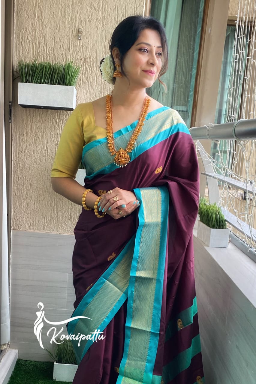 Burgundy with Turquoise Cotton silk saree