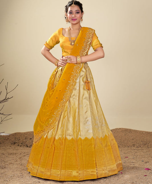 Yellow pattu halfsaree - pattu lehenga