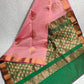 Peach pink and green copper border saree silk cotton