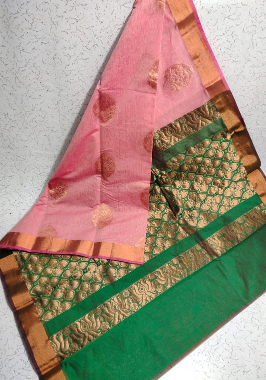 Peach pink and green copper border saree silk cotton