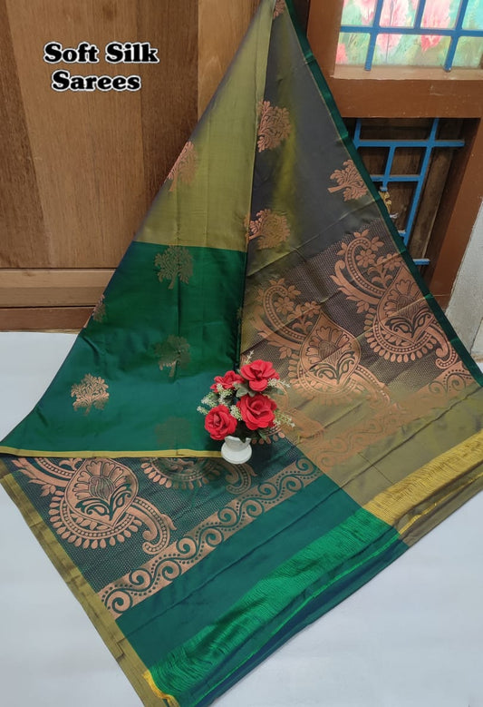 Soft silk saree - Botle green half and half saree