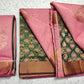 Peach pink and green copper border saree silk cotton