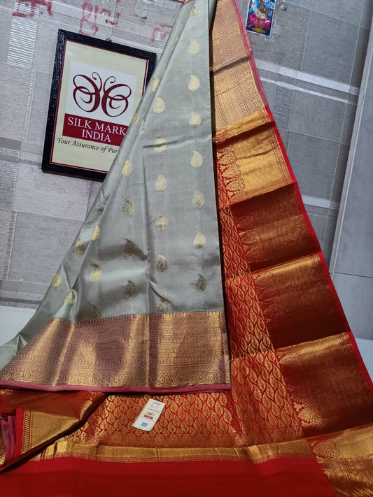 Kanchivaram pure silk - Metallic pastel green  and red saree