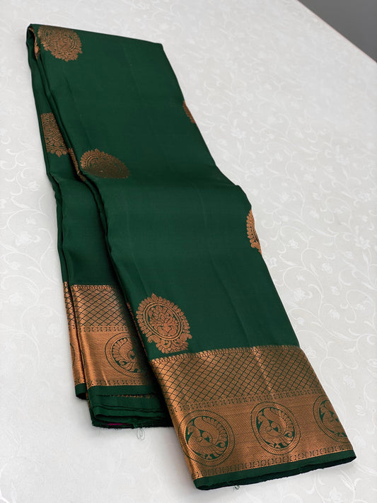 Bottle green with copper border bridal saree - kanchivaram silk saree with silk mark certificate