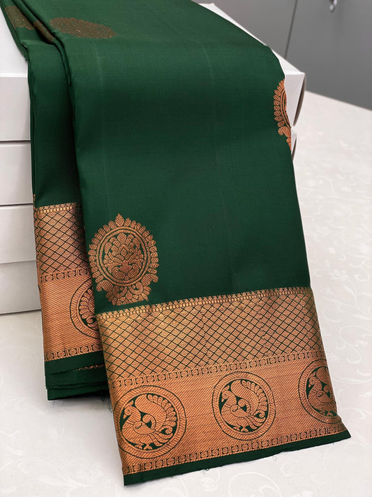 Bottle green with copper border bridal saree - kanchivaram silk saree with silk mark certificate