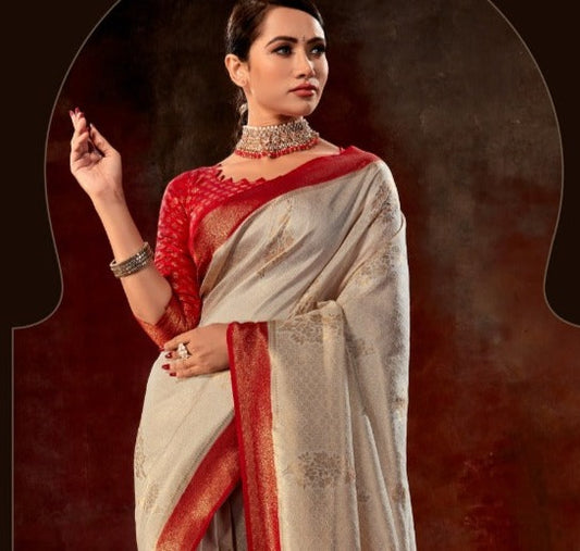 Banarasi soft silk saree in red and white shades