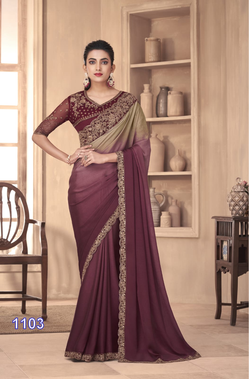 Maroon and Beige shade party wear saree