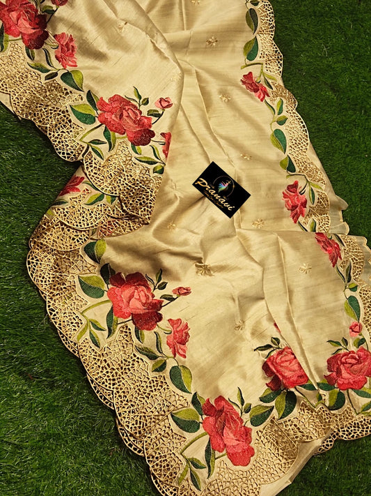 Row silk floral print cutwork saree