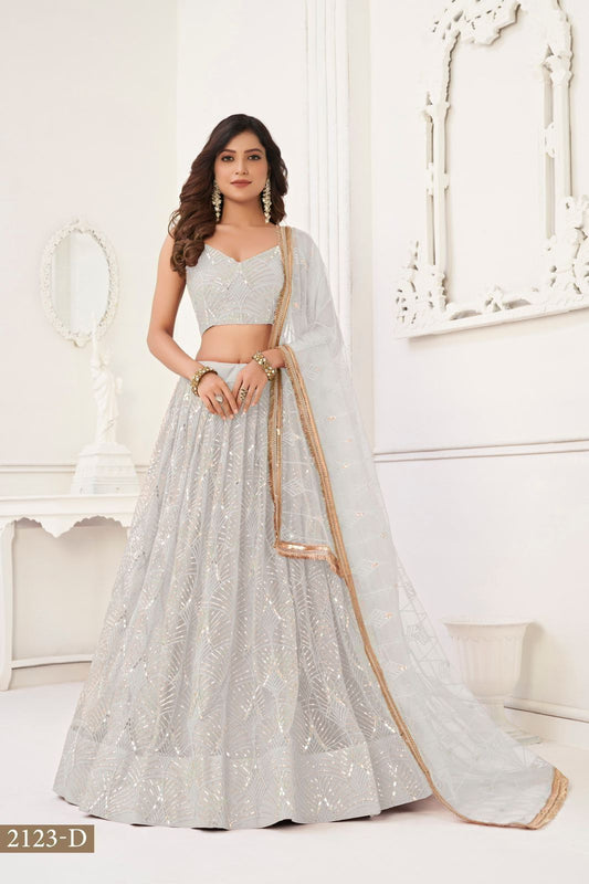 Opulent White Embroidered Net Lehenga Choli