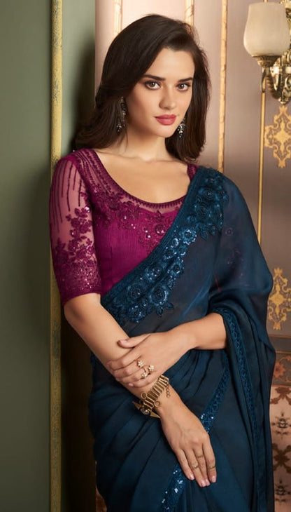 Magenta and deep blue designer partywear saree