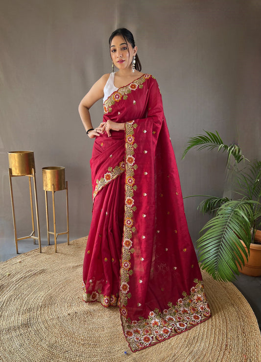Red Partywear cut work embroidary saree