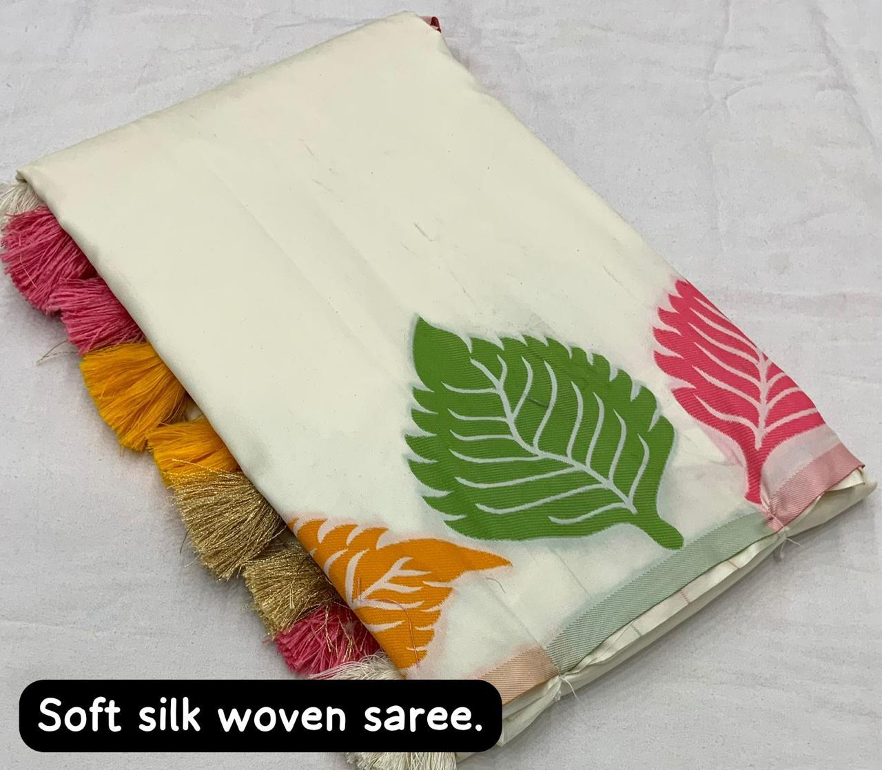 Off white Leaf design black soft silk saree