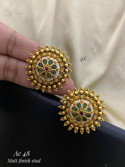 Matt finish big stud earrings - Indian style earrings, Stonework Studs