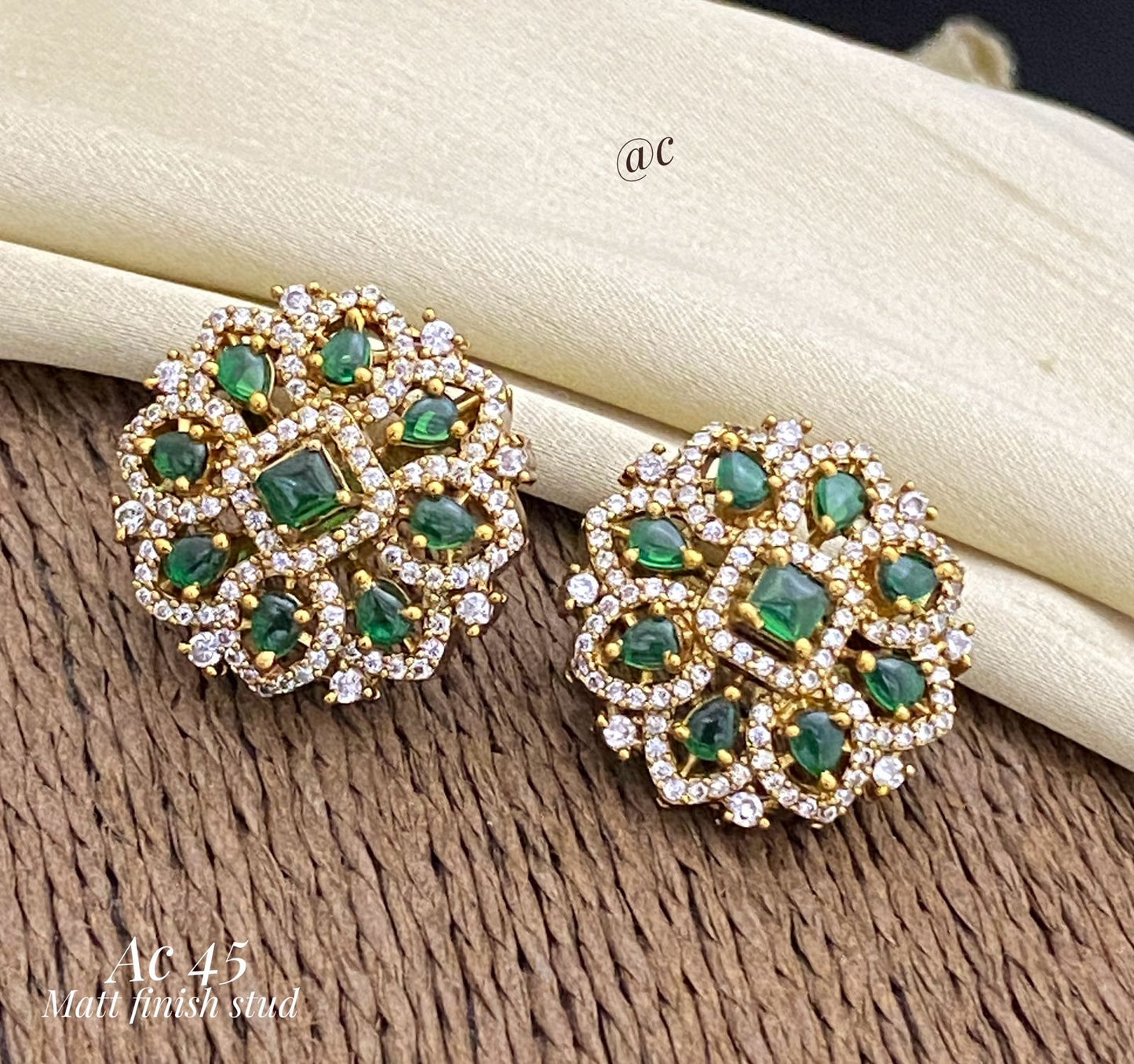 emerald green matt finish big stud earrings - Indian style earrings, Stonework Studs