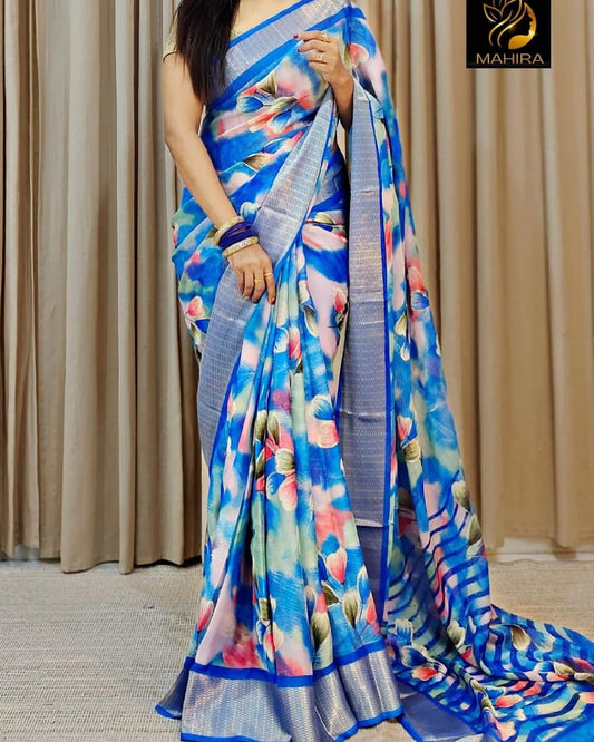 Blue Pure Soft Chiffon Saree
