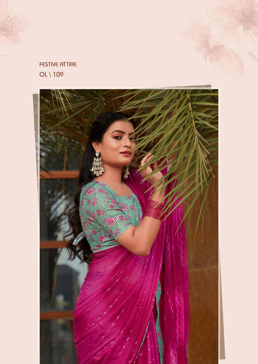chiffon embroidery work saree - Rani Pink