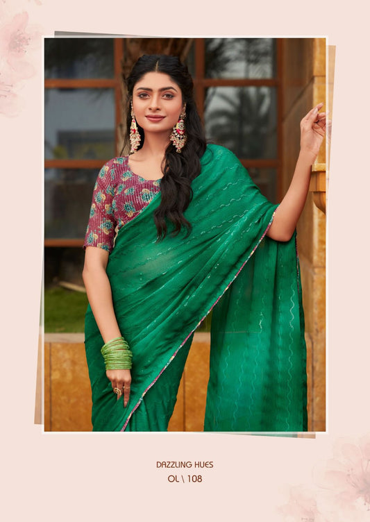chiffon embroidery work saree - Mint Green