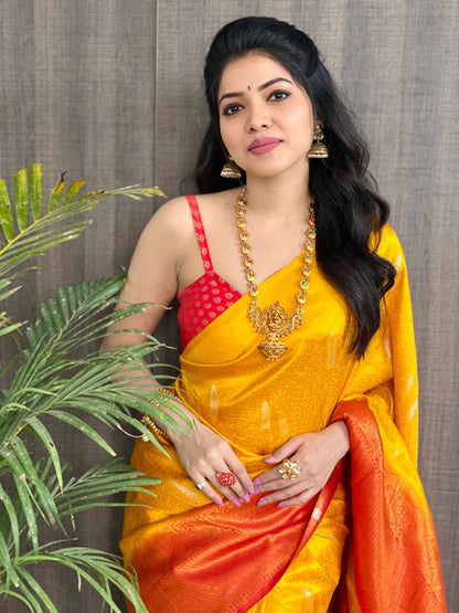 Banarasi soft silk saree in Red and Yellow