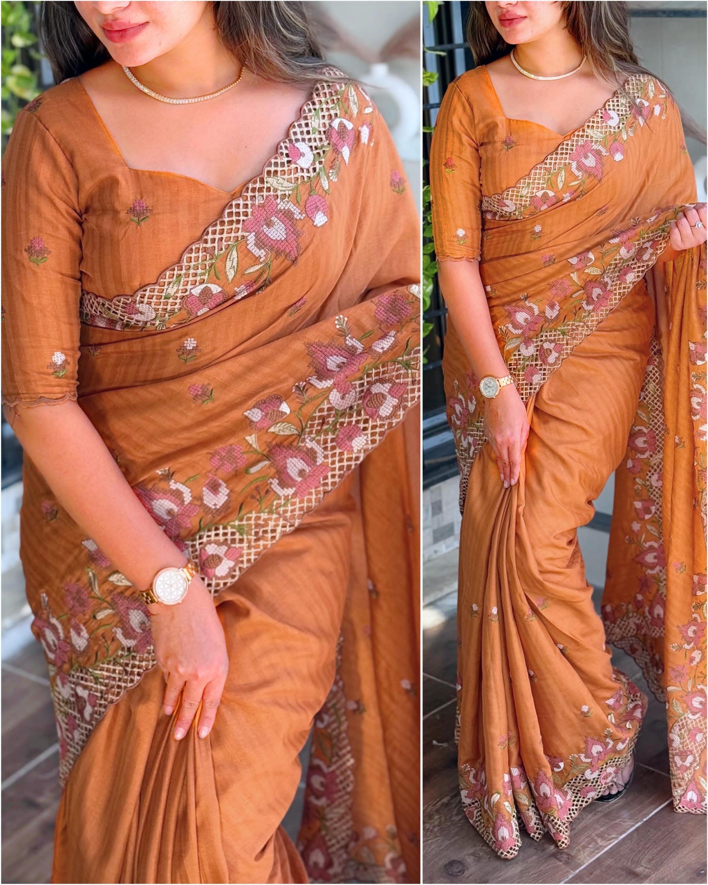 Rust Terracott  - Visca Slub Silk Saree with Intricate Cut Work & Embroidery