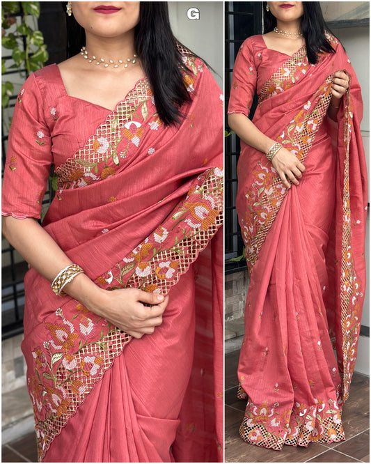 Coral Pink - Visca Slub Silk Saree with Intricate Cut Work & Embroidery