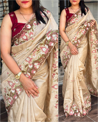 Champagne gold  - Visca Slub Silk Saree with Intricate Cut Work & Embroidery