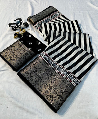 Black and white striped Soft Dola Saree with latkan