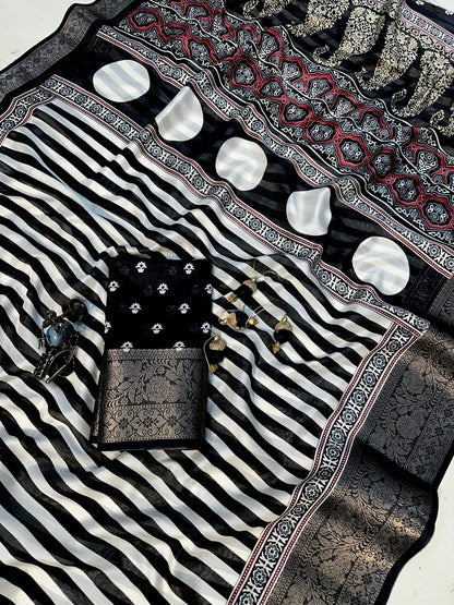 Black and white striped Soft Dola Saree with latkan