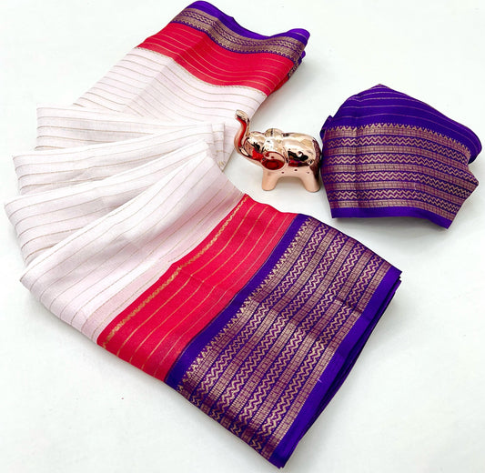 Fancy mysore silk crepe  saree - Magenta and Blue