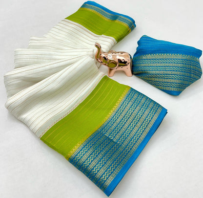 Saree with green and blue patterns on a white background