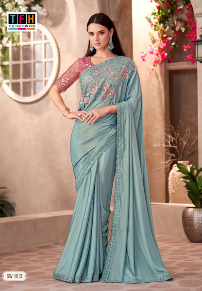 Buy Elegant Teal Satin Saree with Floral Embroidery