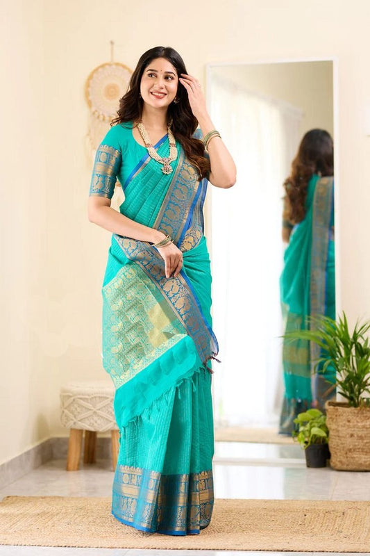 Elegant Kanchi Cotton Saree in Teal Green with Rich Zari Border & Pallu