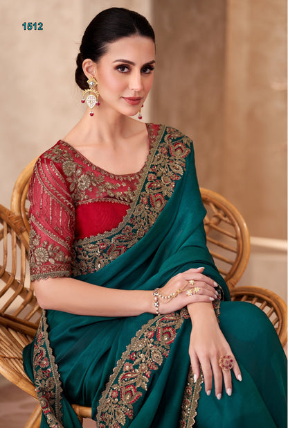 Blue and Red Mauve Satin Saree with Embroidered Border