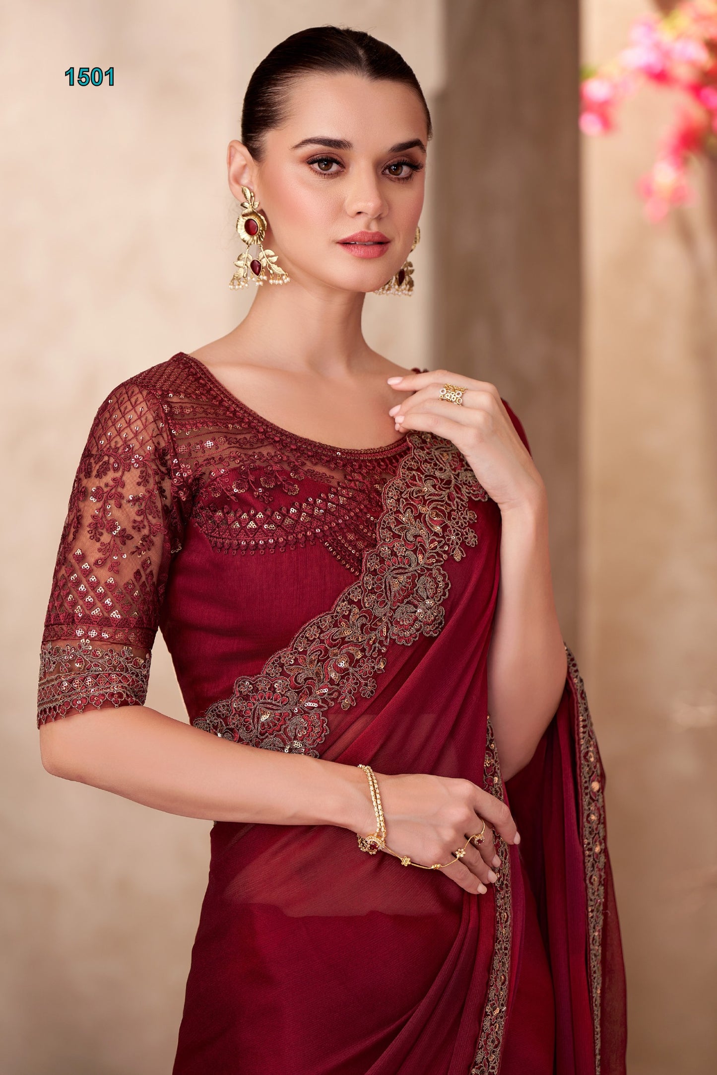 Red Mauve Satin Saree with Embroidered Border