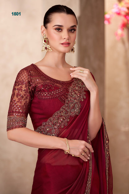 Red Mauve Satin Saree with Embroidered Border