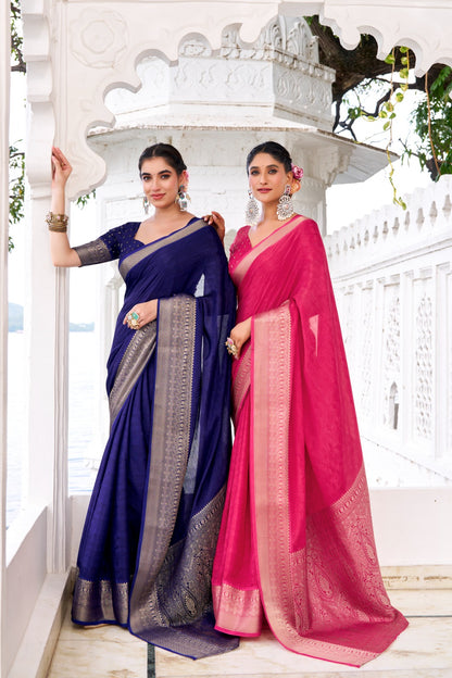 Royal blue - Chinon charm. printed plus zari work saree