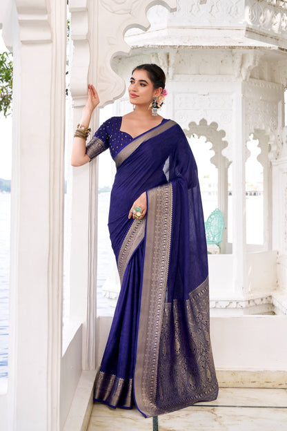 Royal blue - Chinon charm. printed plus zari work saree