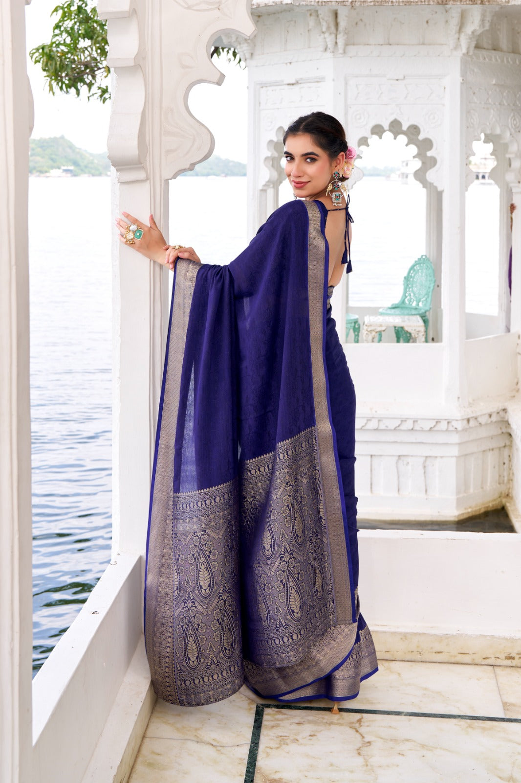 Royal blue - Chinon charm. printed plus zari work saree