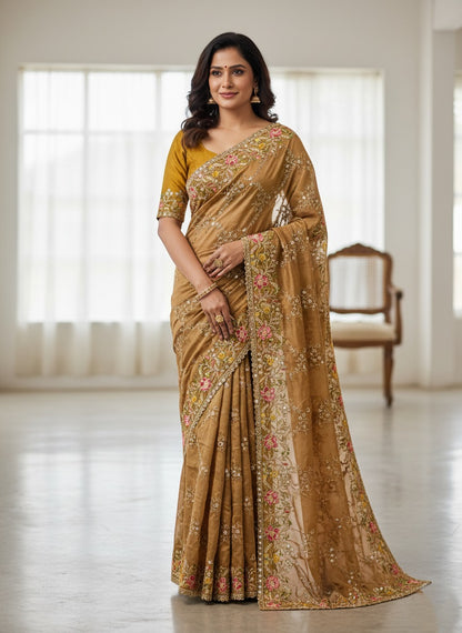 Party Wear Soft golden brown embroided Rangoli Silk Saree