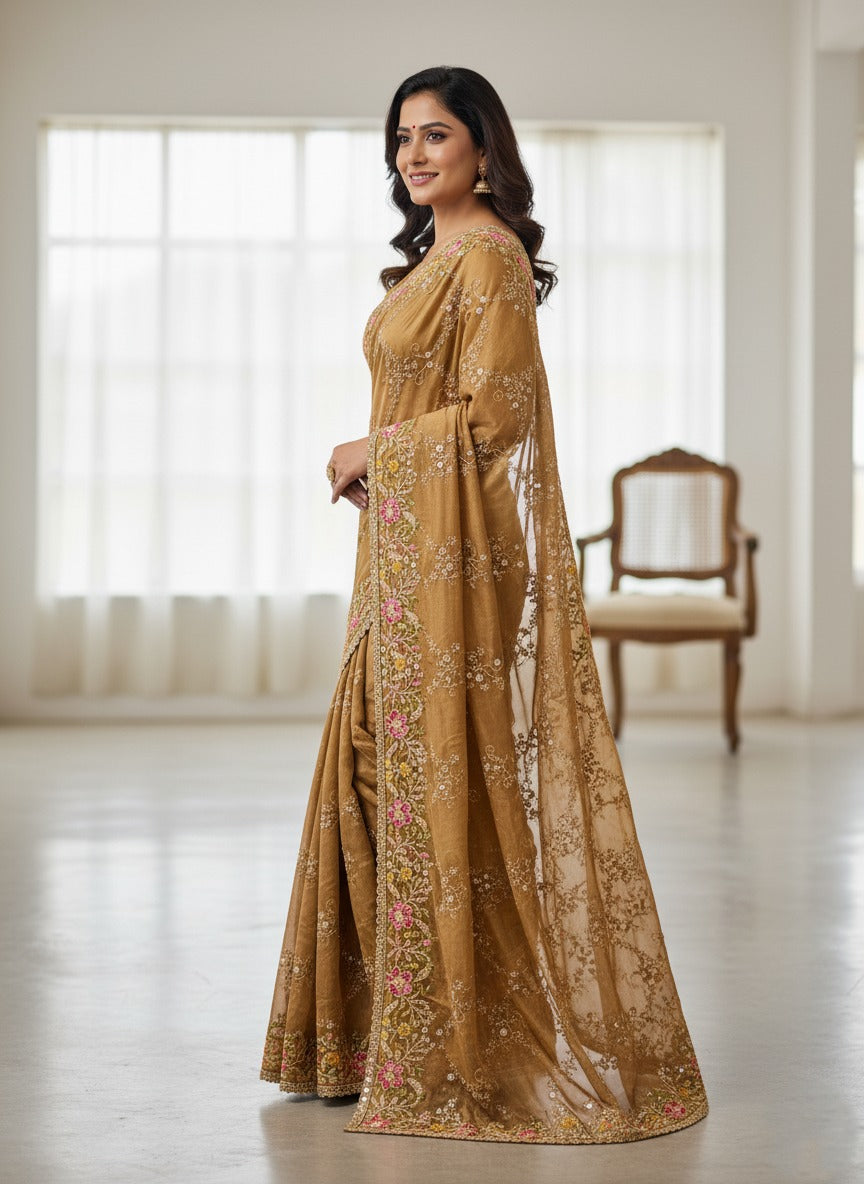 Party Wear Soft golden brown embroided Rangoli Silk Saree