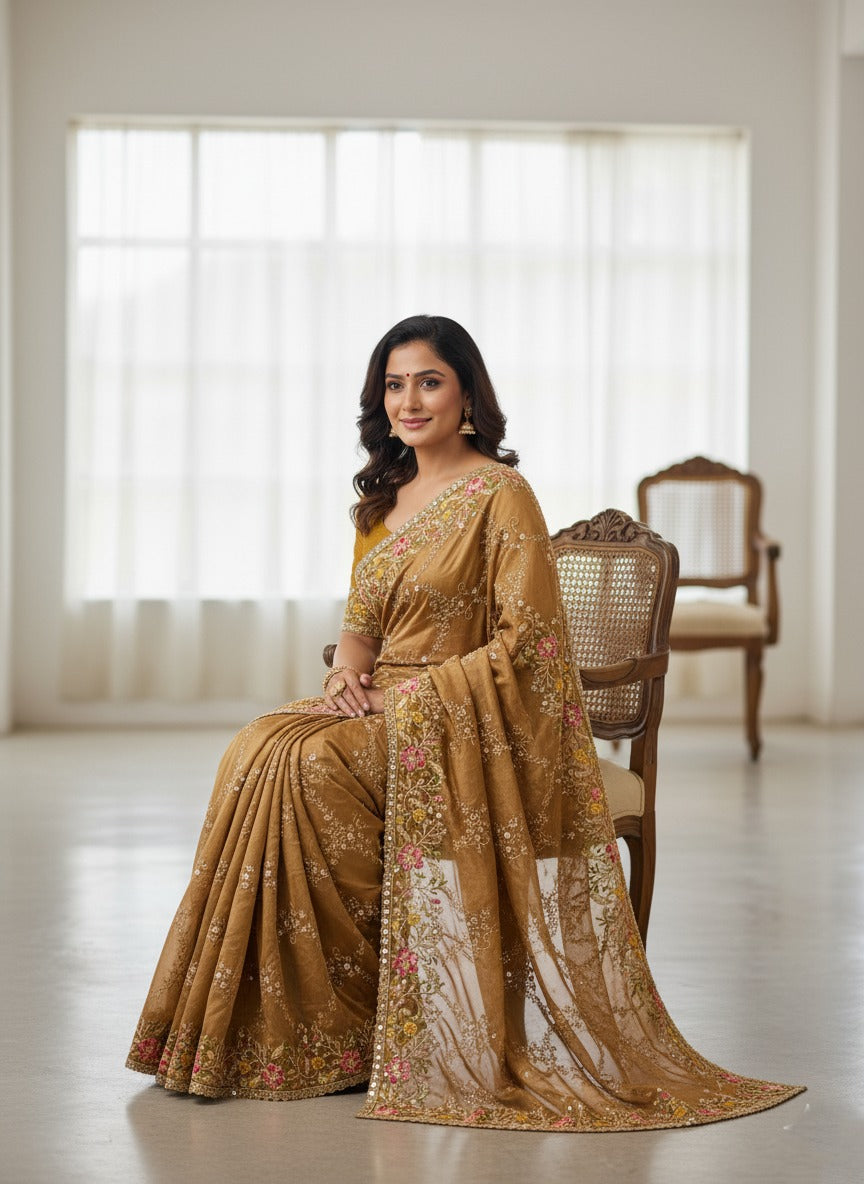 Party Wear Soft golden brown embroided Rangoli Silk Saree