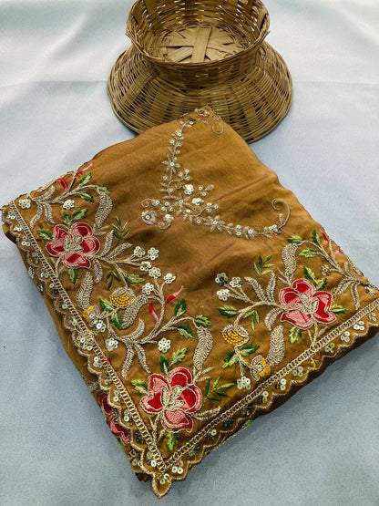 Party Wear Soft golden brown embroided Rangoli Silk Saree