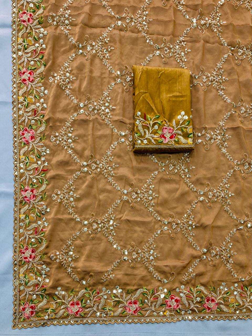 Party Wear Soft golden brown embroided Rangoli Silk Saree