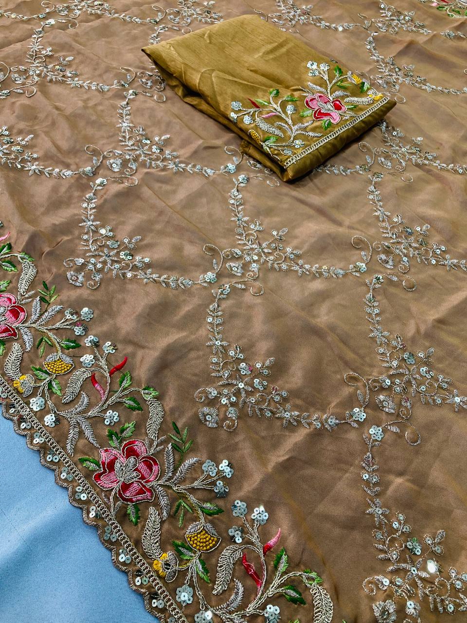 Party Wear Soft golden brown embroided Rangoli Silk Saree