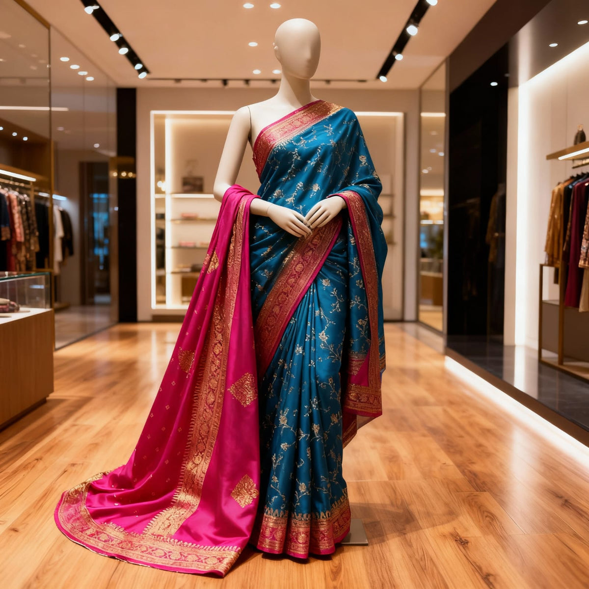 Blue and Pink banarai silk saree