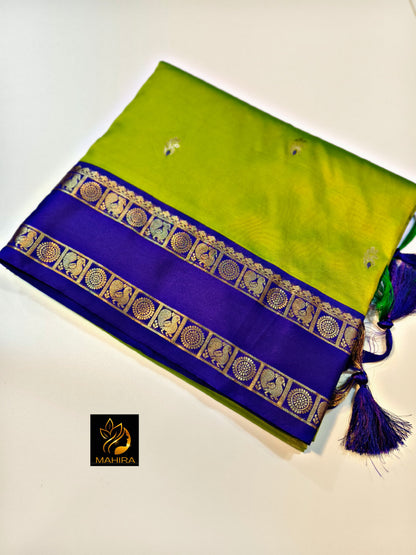 Elegant Lime Green and Royal Blue soft Silk Saree with Zari Border
