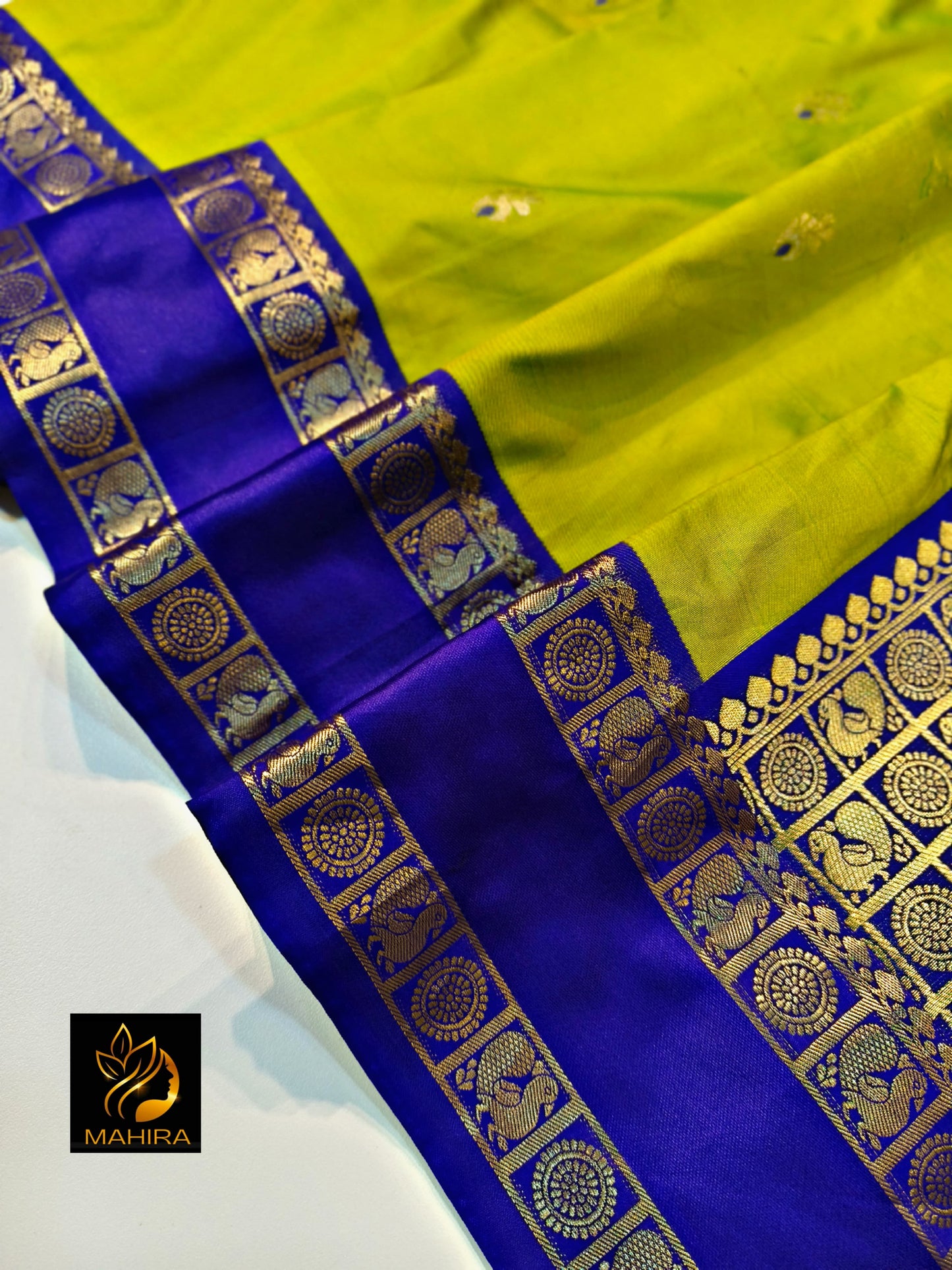 Elegant Lime Green and Royal Blue soft Silk Saree with Zari Border