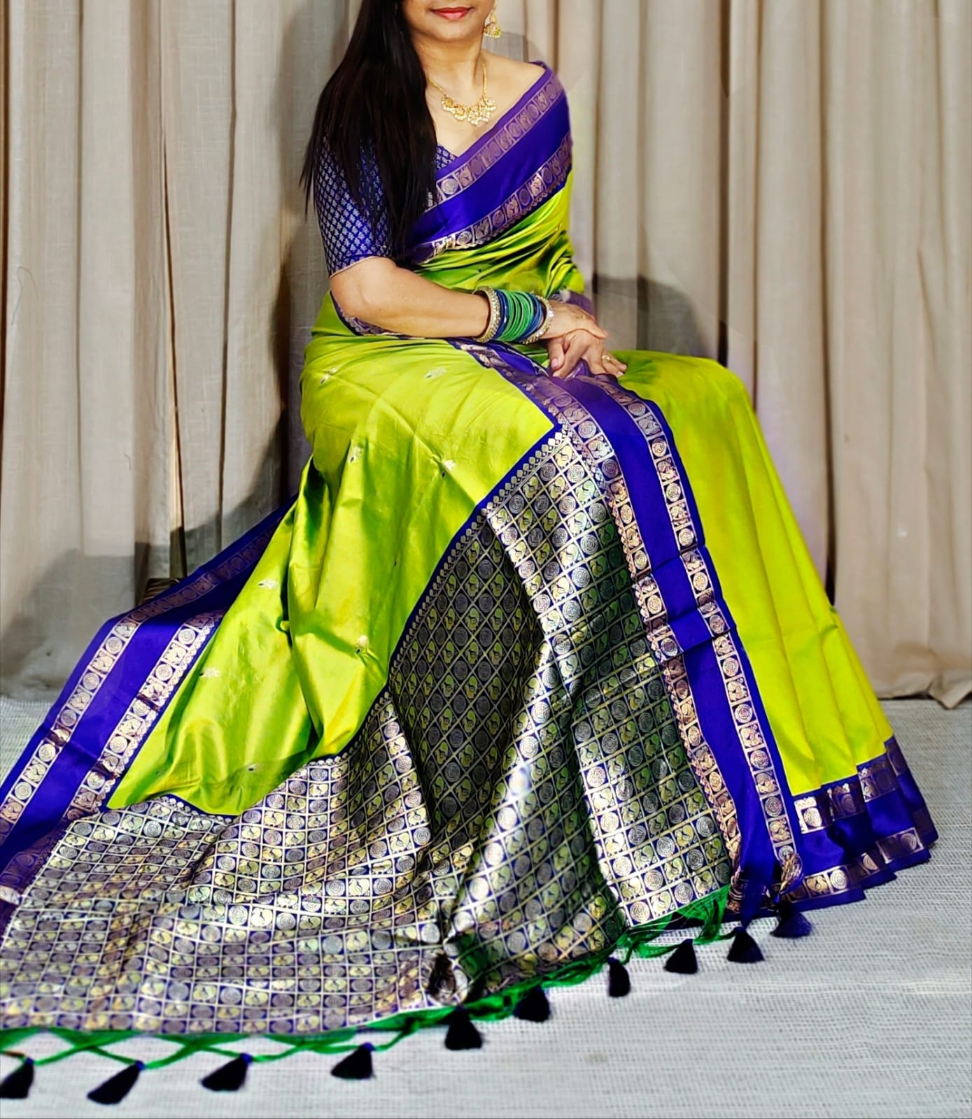 Elegant Lime Green and Royal Blue soft Silk Saree with Zari Border