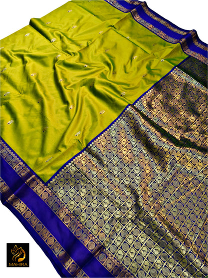Elegant Lime Green and Royal Blue soft Silk Saree with Zari Border