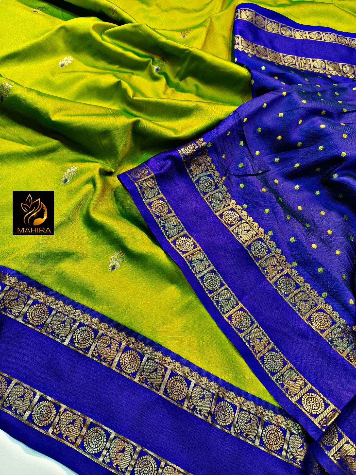 Elegant Lime Green and Royal Blue soft Silk Saree with Zari Border